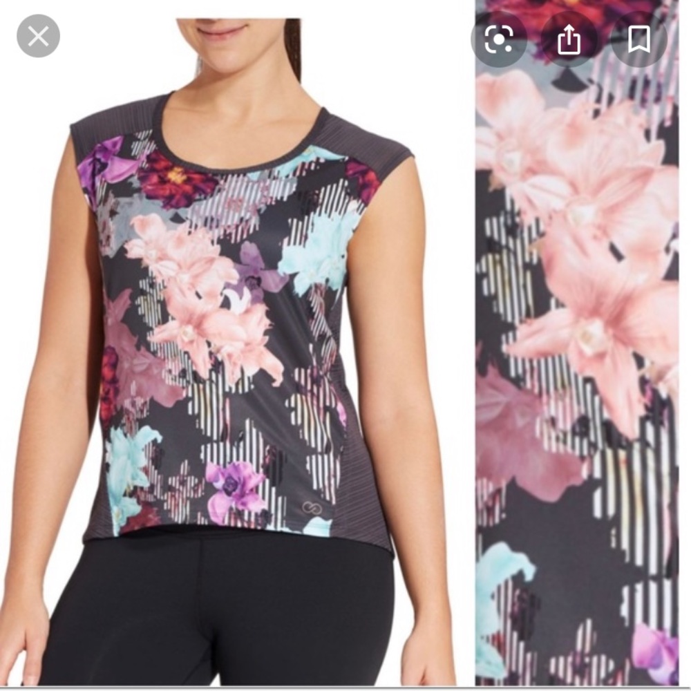 Calia by Carrie Underwood mesh floral cap sleeve workout top